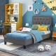 Twin size bed frame with a 46-inch tall button tufted headboard in gray, featuring under-bed storage and durable.