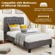Twin size bed frame with 46-inch tall button tufted headboard in gray, featuring sturdy slats and under-bed storage.