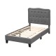 Twin size bed frame with a 46-inch tall button tufted gray headboard and sturdy plywood slats for mattress support.