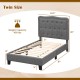 Twin size bed frame with gray button tufted headboard, sturdy plywood slats, and under-bed storage for optimal bedroom.
