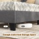 Twin size bed frame with a gray button tufted headboard and 5 inches of under-bed storage space for organization.