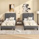 Twin size bed frame with 46-inch tall button tufted gray headboard, featuring durable plywood slats and stylish.