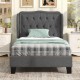 Twin size bed frame with button tufted wingback headboard in gray, featuring under-bed storage and sturdy plywood slats.