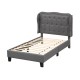Twin size bed frame with gray button tufted wingback headboard and sturdy plywood slats, ideal for stylish storage.