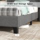 Twin size bed frame with gray upholstery, button tufted headboard, and 5" under-bed storage space for organization.