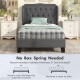 Twin size bed frame with button tufted wingback headboard in gray, featuring under-bed storage and no box spring needed.
