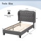 Twin size bed frame with button tufted wingback headboard in gray, featuring sturdy plywood slats and under-bed storage.