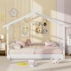 Extendable house bed in white with roof and fence rails, designed for twin to king size use, ideal for kids' rooms.