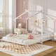 Extendable house bed in white with roof and fence rails, designed for twin to king size, perfect for kids' rooms.