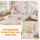 Extendable house bed in white, designed for twin to king size use, featuring a whimsical roof and safety guardrails.