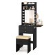 Compact black vanity desk set featuring a 3-color lighted mirror, power outlets, and spacious storage for makeup.