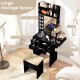 Compact black vanity desk set featuring a lighted mirror, two drawers, and spacious storage for makeup essentials.