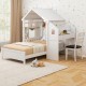 Twin house bed in white with study area, two storage drawers, and a decorative windmill for children's rooms.