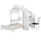 Twin house bed in white with two drawers, ergonomic study chair, and decorative windmill for children's sleep and study.