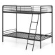 Heavy-duty black metal bunk bed with ladder and safety guardrails, designed for twin size and space-saving use.