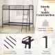 Heavy-duty metal bunk bed in black with ladder, safety guardrails, and sturdy construction for twin-size sleeping.