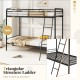 Twin metal bunk bed in black with triangular ladder and safety guardrails, ideal for kids' rooms or dorms.