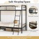 Heavy-duty black metal bunk bed with ladder, full-length guardrails, and integrated headboard for safe sleeping space.