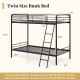 Twin size heavy-duty metal bunk bed in black with ladder and safety guardrails, ideal for kids' rooms or dorms.