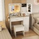 Makeup vanity desk in white with adjustable LED mirror, storage drawers, and matching stool for organized beauty.