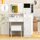 Makeup vanity desk in white with mirror, adjustable LED lights, and storage cabinets, perfect for organized beauty.