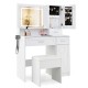 Makeup vanity desk in white with adjustable LED mirror, storage cabinets, and matching stool for organized beauty.