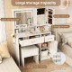Makeup vanity desk in white with mirror, lights, storage drawers, and stool, ideal for organized beauty essentials.