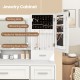Jewelry cabinet with 64 ring slots, 36 earring holes, and hooks for necklaces, designed for organized storage.