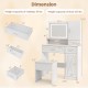 Makeup vanity desk with mirror, adjustable LED lights, and matching stool, featuring ample storage and USB ports.