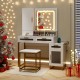 Makeup vanity desk set with lighted mirror, white finish, includes padded stool and ample storage for organization.