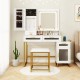 Makeup vanity desk set in white with lighted mirror, storage drawers, and matching stool for organized beauty.