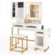 Makeup vanity desk set in white with lighted mirror, gold accents, and matching stool for organized beauty storage.