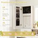 Jewelry cabinet with 64 ring slots, 36 earring holes, and hooks for necklaces, ideal for organized storage.