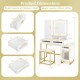 Makeup vanity desk dimensions with a lighted mirror, storage drawers, and stool, featuring a white finish and gold.