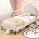 Upholstered twin bed frame with adjustable flower headboard, LED lights, and under-bed storage for stylish comfort.