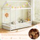 Twin size kids house bed in white with roof and safety guardrail, perfect for imaginative play and comfortable sleeping.