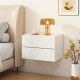 Floating nightstand in white with two drawers and storage shelf, perfect for bedside essentials in modern bedrooms.