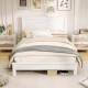 Full size platform slat bed frame in white with high headboard, featuring slatted design and underbed storage space.