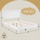 Full size platform slat bed frame in white with high headboard, solid rubber wood, and 560 lbs weight capacity.
