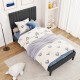 Twin size bed frame with vertical channel tufted headboard in faux linen, featuring a robust structure and no box.
