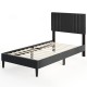 Twin size bed frame with vertical channel tufted headboard, faux linen fabric, and wooden slats for mattress support.
