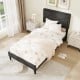 Upholstered twin bed frame with high headboard, faux linen fabric, and 12 plywood slats for sturdy support.