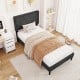 Upholstered twin bed frame with high headboard in faux linen fabric, featuring a robust structure and modern design.