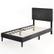 Twin size upholstered platform bed frame with high headboard, faux linen fabric, and robust plywood slats for mattress.