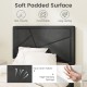 Upholstered platform bed frame with a soft padded faux linen headboard, featuring a robust structure and modern design.