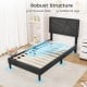 Upholstered platform bed frame with a high headboard, featuring 12 plywood slats and additional legs for robust support.