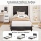 Twin upholstered platform bed frame with high headboard, faux linen fabric, and embedded surface for mattress stability.