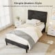 Upholstered platform bed frame with high headboard in modern style, featuring faux linen fabric and 12 plywood slats.