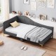 Gray linen platform bed featuring a delicate rivet design and wood slats, perfect for a stylish daybed or sofa setup.