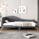 Rivet-tufted twin size platform bed in gray linen with metal legs, ideal as a daybed or sofa for versatile use.